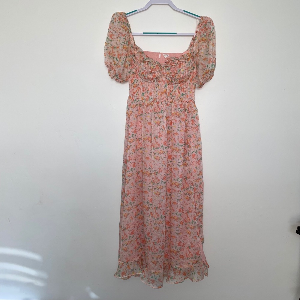 Milkmaid Floral Puff Sleeve Dress Sweetheart Neck Smocked Back Small Cottagecore